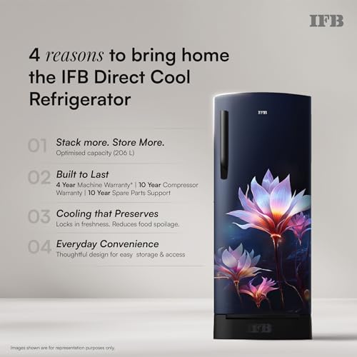 Image of IFB 206L 5 Star Advanced Inverter Direct-Cool Single Door Refrigerator with 30 Hrs Cooling Retention, Big Vegetable Box, 4 Year Super Warranty & Base Stand (2026, IFBDC-232EYBPED, Paradise Dream Blue)