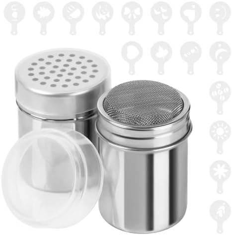 2 Pack Powder Sugar Shaker Duster & Seasoning Shaker - Fine & Large Mesh Powder Shaker for Baking Soda, Cinnamon, Salt, Sugar, Msg - Includes 16 Coffee Stencils
