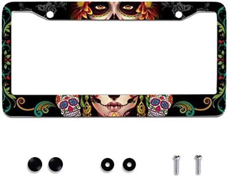 Personalise Sugar Skull Retro License Plate Frame Colorful Candy Skulls License Plate Car Universal Stainless Steel Accessories Cars Decor 2 Holes Screws Fits Standard US Vehicles Size 12.2 x 6 Inch