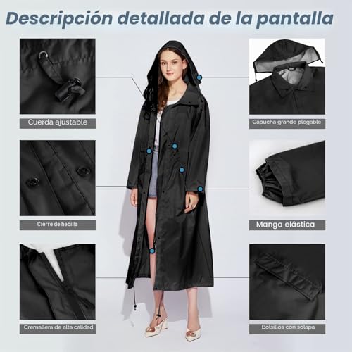 Poncho de lluvia impermeable con cremallera y cordón ajustable para senderismo 4