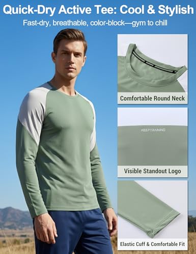 Image of Venzina Men's Long Sleeve Workout Shirt Color Block Quick Dry Athletic Top, Moisture Wicking Fitness & Running Shirt, Breathable Sportswear Tee for Gym, Sports, Casual Wear