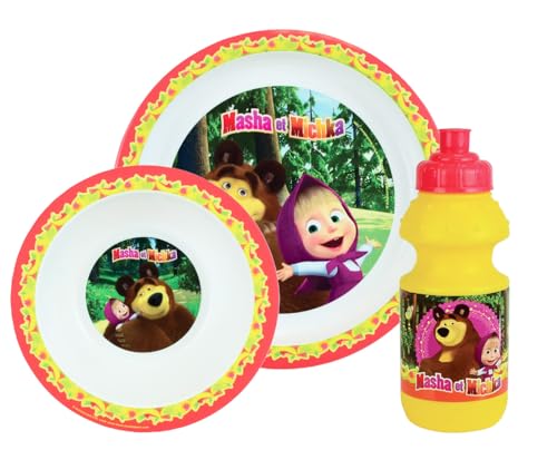 MASHA ET MICHKA LOT VAISSELLE POUR ENFANT AVEC BOL Ø16CM,GOURDE 350ML ET ASSIETTE Ø22CM