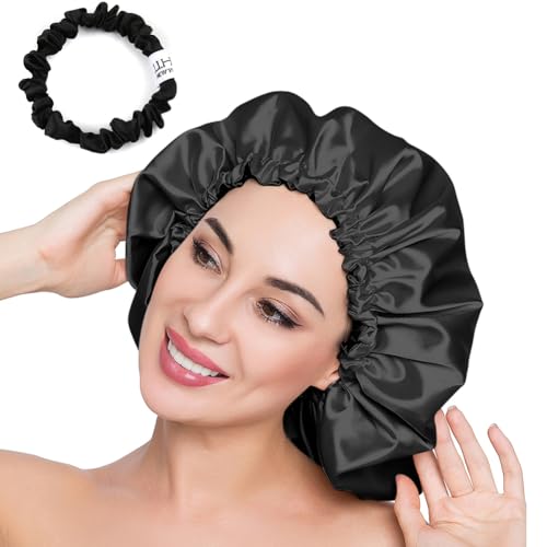 Image of Stain Bonnet Silk Sleep Cap Adjustable Satin Cap for Night Sleeping Hair Bonnet Reversible Double Layer