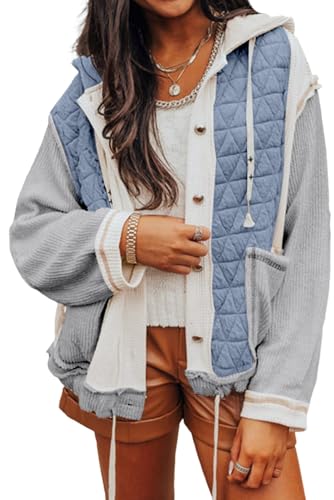 KevaMolly Womens Western Jacket Long Sleeve Quilted Textured Patchwork Loose Fit Hooded Jacket Casual Shacket