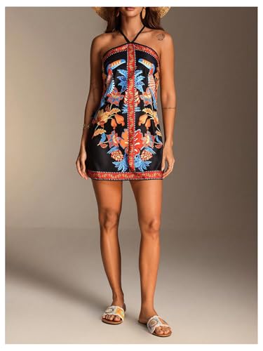 Image of RoseSeek Women's Floral Boho Dress Criss Cross Tie Backless Mini Dresses Halter A Line Sundress