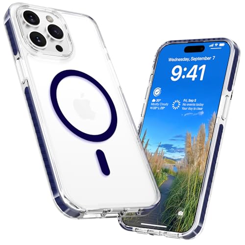 Coque iPhone 14 Pro transparente anti-jaunissement compatible chargeur magnétique antichoc bleu