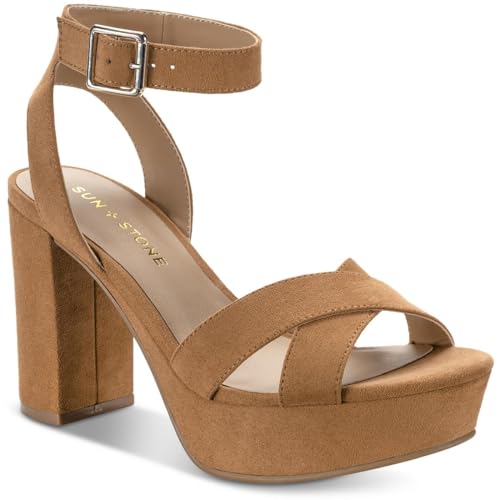 SUN STONE Womens LILLAHF Faux Suede Block Heel Tan 5.5 Medium (B,M)