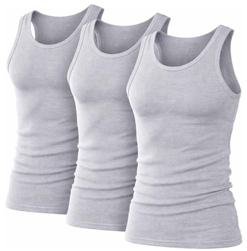 3PK Mens Sleeveless Vests 100% Cotton Gym Top Summer Training Gym Bodybuilding Tank Tops Basic Plain Colour Casual Undershirt (XL, Grey)