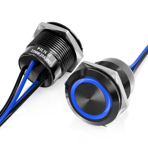 FILN 2PCS 22mm Latching Push Button Switch 20A on Off Switch 12v-24v IP67 Waterproof Marine Switches for Car Boat Motorcycle DIY Enthusiasts(Blue Black Shell)