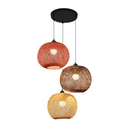 Suspension rotin 3 lumières d'exception en bambou tressé style milieu du siècle