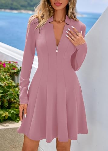 Lazysmile Fall Dresses for Women 2025 Long Sleeve V Neck Half Zip A Line Swing Casual Party Club Mini Short Dress Pink — view 5