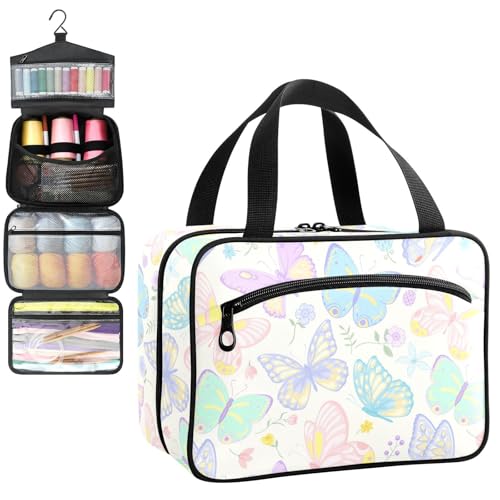 YNNALE Sewing Supply Organizer Bag, Pastel Color Butterfly Portable Sewing Bags with Pockets&Hanger, Sewing Storage Box Case for Sew Supplies/Kit/Tools/Accessories (BAG ONLY)