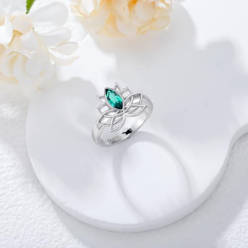 Emerald Lotus Flower Ring for Women 925 Sterling Silver Promise Statement Ring for Mom Wife Her2
