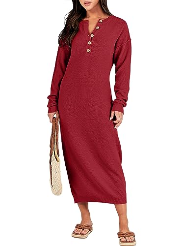 Image of ANRABESS Women Long Sleeve Button V Neck Oversized Casual Loose Fit Waffle Knit Fall Midi Sweater Dress 2026 Trendy Outfits