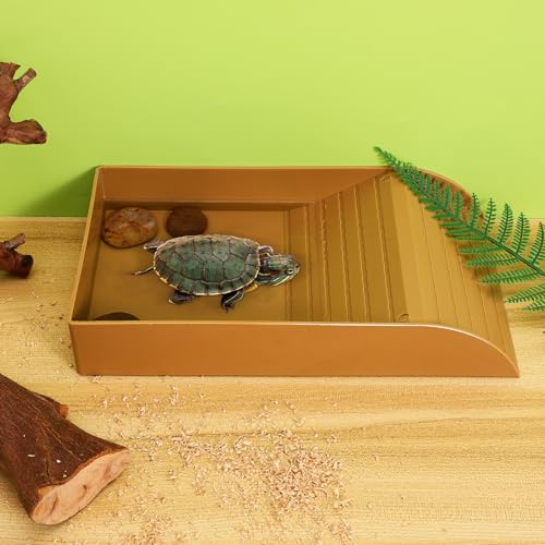 IMIKEYA Großer brauner Schildkröten-Badetank mit Rampe, Wassernapf für Reptilien, Futter und Wasser, Zubehör zum Einweichen und Trinken