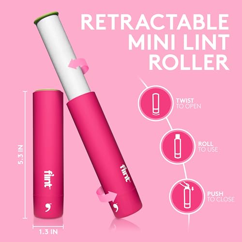 Flint Classic Pink Retractable Mini Lint Roller with 90 Extra Sticky Sheets, Small and Portable Lint Roller, Ideal Pet Hair Remover, Travel Lint Rollers for pet Hair Extra Sticky