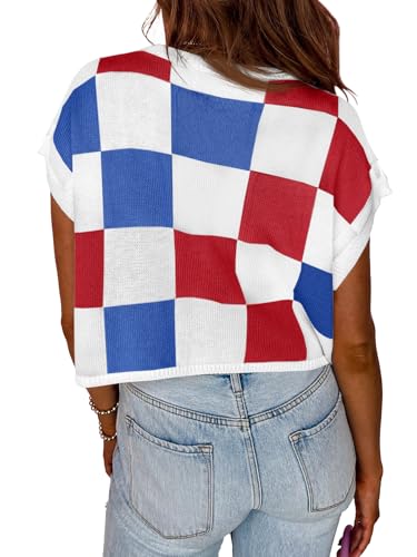Image of Saodimallsu Womens Cap Sleeve Crop Tops Summer Color Block Going Out Crew Neck Knit Trendy Casual Sweater