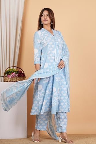 Image of Yash Gallery Women's Cotton Calf Length V-Neck Botanical Print Regular Fitted Anarkali Kurta With Pant & Dupatta