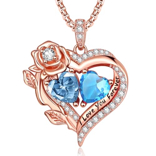 Forever Love Rose Gold Double Birthstone Heart Necklaces for Women，Rose Gold Fine Jewelry, Pendant Heart Necklaces Birthday Anniversary Christmas Gift for Women Wife Mom Girlfriend Lady