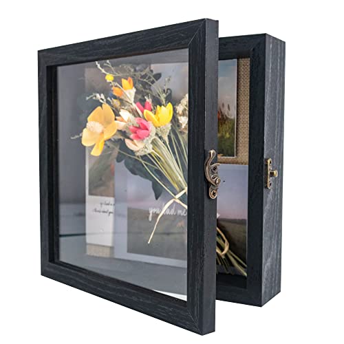 Image of GraduationMall 8x8 Wood Shadow Box Frame Glass Door Display Case with Linen Back and 6 Stick Pins,1.5 inches Interior Depth,Ideal for Memorabilia Pictures Flowers Medals Tickets Rustic Black