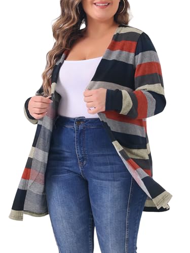 Image of Agnes Orinda Plus Size Cardigan for Women Open Front Long Sleeve Contrast Color Stripe with Pocket Cardigans