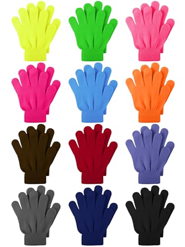 Cooraby 12 Pairs Kids Warm Magic Gloves Teens Winter Stretchy Knit Gloves Boys Girls (Luorescent Green, Purplish Red, Navy, Mixed Colors, 6-12 Years)
