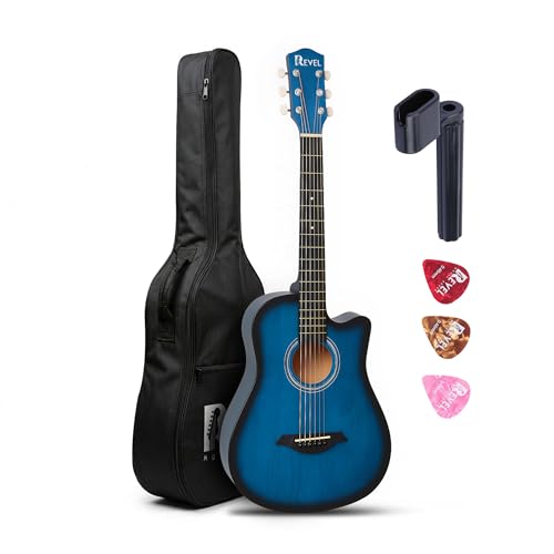 Image of REVEL Basswood 38 Inches Acoustic Guitar With Carry Bag And Plectrums Beginner And Learners Standard Size Configuration (Blue) Full,RVL-38C-LGP-BLS