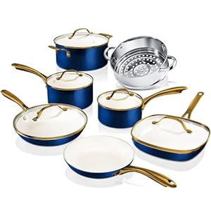 Gotham Steel 12 Pc Ceramic Pots and Pans Set Non Stick, Kitchen Cookware Sets, Pot and Pan Set, Ceramic Cookware Set, Non Toxic Cookware Set, Non Stick Pots and Pan Set, Dishwasher Safe – Cream Navy…