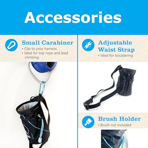 “Climb On” Chalk Bag for Rock Climbing, Bouldering, Top Rope | Includes Carabiner, Adjustable Belt, 2 Zippered Pockets, Wide Opening
