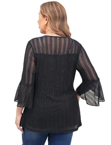 ZOMVA Women's Plus Size Ruffle 3/4 Sleeve Blouses Casual Elegant Dressy Crew Neck Double Layers Sparkly Mesh Tunic Tops3