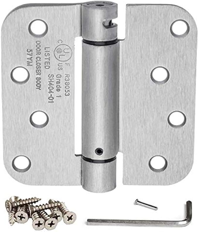 Dynasty Hardware 4 inch Spring Loaded Door Hinge Self Closing with 5/8" Radius Corners, Satin Nickel - Pack Of 2 Hinges