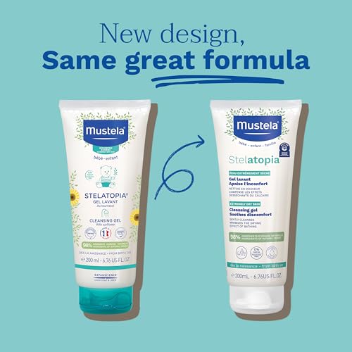 Mustela Stelatopia Eczema-Prone Skin Cleansing Gel - Baby Face & Body Wash with Natural Avocado & Sunflower Oil - Fragrance-Free & Tear Free - 6.76 fl. oz.