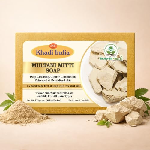 Image of Khadi Organic and Natural Multani Mitti Soap for Oily & Acne-Prone Skin | Deep Cleansing Herbal Bathing Bar with Fuller's Earth | Radiant Skin & Glowing Skin By Bhudevam Naturals | Suitable for All Skin Types - Pack of 2