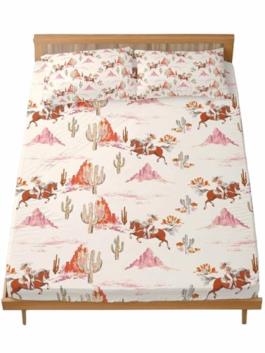 Image of Twin XL Sheet Set Pink Western Cowboy Bed Sheets Set with 16 Inch Deep Pockets Cactus Desert Horse Soft Luxury Hotel Bedding Sheets for All Season with Elastic Corner Straps