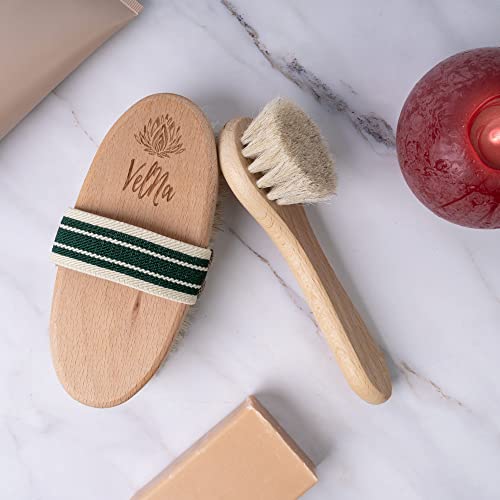 VELNA Körperbürste und Gesichtsbürste aus Rosshaar im Set. Natürliche Borsten feinem Pferdehaar, perfekt gegen Cellulite. Trockenbürste Pferdehaarbürste mit elastischem Haltegriff, Beige, 15x11x4,5