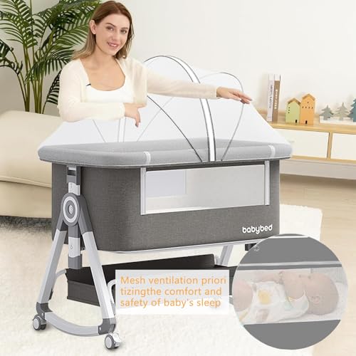 سرير اطفال 4 في 1 للنوم بجانب السرير، 6 ارتفاعات قابلة للتعديل، سرير اطفال محمول سهل الطي مع مرتبة مريحة وشبكة تخزين ناموسية للرضع حديثي الولادة