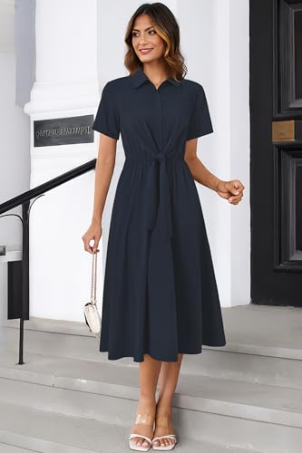 Newshows Womens Wear to Work Teacher Business Casual Outfits Long Dresses Tie Waist Shirt Dress Attire with Pockets2