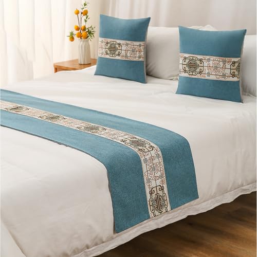 LEEMQCYA Bed Runner for Single Size Bed Light-Blue Chinese Patterned