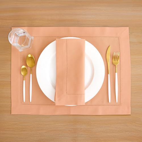 Solino Home Cotton Linen Napkins Set of 4 - Hemstitch Peach Bloom Dinner Napkins Cloth 20 x 20 Inch for Valentines, Spring, Easter - Handcrafted and Machine Washable