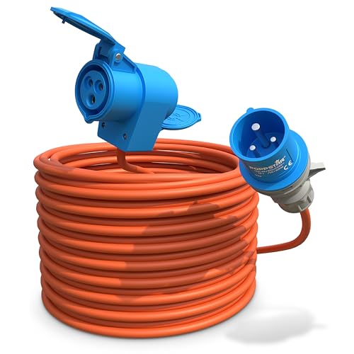 Poppstar Camping CEE Kabel 20m mit Schuko (CEE Stecker 3-polig auf CEE-Dose + Schutzkontakt-Steckdose Typ F) 230V/16A IP44 H07RN-F 3G2.5