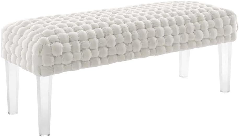 Pemberly Row Modern Woven Performance Velvet Ottoman, 49.5 in Wide, Acrylic Legs, Dense Foam Padding, Stain-Resistant White Upholstery, Bedroom or Living Room Accent Bench