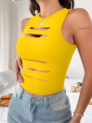 Image of LovelyWholesale Women Sexy Cut Out Crop Tank Tops Crew Neck Summer Sleeveless Top
