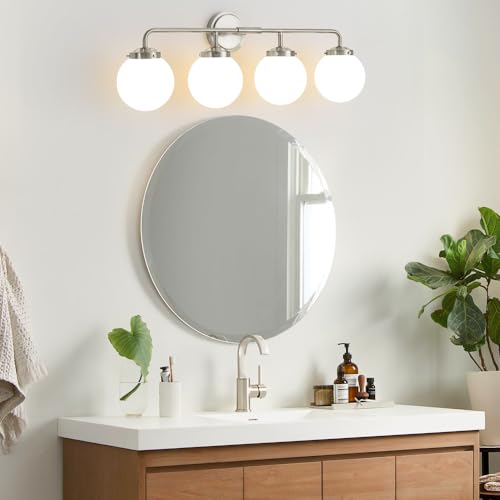 Image of Bathroom Light Fixtures Over Mirror, Brushed Nickel Modern Vanity Lighting with Milk White Glass Globe Shades 4-Light Farmhouse Wall Sconce