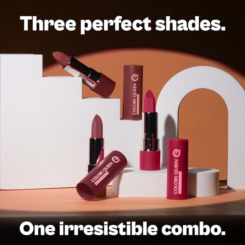 Image of Colors Queen Lippie Pack of 3 Matte Lipsticks for Women Enriched with Jojoba Oil & Vitamin E | Lightweight & Long Lasting | Creamy Smooth Texture, Nourishing Formula | One Swipe Application (Combo - 03, 15g)