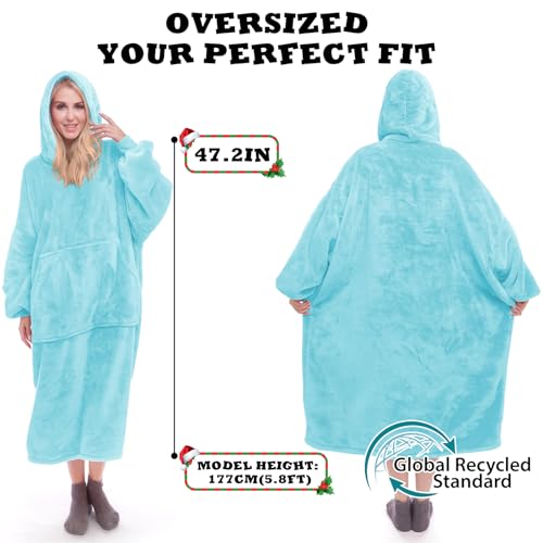 Winkcao Oversized Wearable Blanket Hoodie for Women Adults, Ultra-Soft Fleece Hooded Sweatshirt Blanket with Deep Pocket, Extra Warmth Hoodie Blanket for Women, Indoor & Outdoor Use, Teal