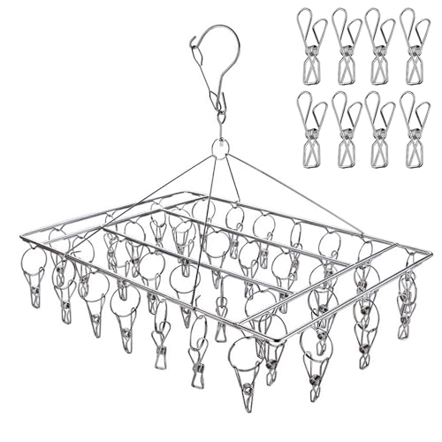 Homnoble Stainless Steel Sock Drying Rack with 36pcs Laundry Pegs, Swivel Hook Wind-proof Sock Hanger Rack for Socks Underwear Knickers Shoe Insoles Baby Clothes Gloves (With 8 spare clips)