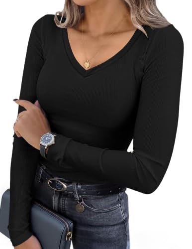 Ekouaer Womens Long Sleeve Shirts V Neck Ribbed Thermal Undershirts Black - image 1