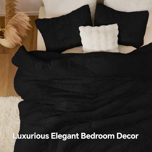 Image of BEDELITE Black Fluffy Comforter Set Queen, Fuzzy Faux Fur Comforter | Warm Fleece Shaggy Bedding for Winter, Soft & Cozy Plush Bed Set with 2 Pillowcases
