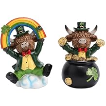 Valery Madelyn St Patricks Day Decorations for Home, 2Pcs Highland Cow Decor with Shamrock Pot of Gold, Irish Resin Leprechaun Figurines St Patricks Day Tiered Tray Decoration Table Centerpiece, 3"