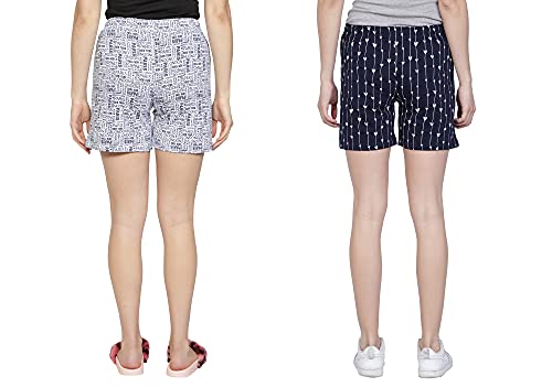 Image of Club A9 Women's Cotton Printed Regular Fit Shorts (Combo of 2) (White /Navy Blue,M) (WSCOM2 206 M)